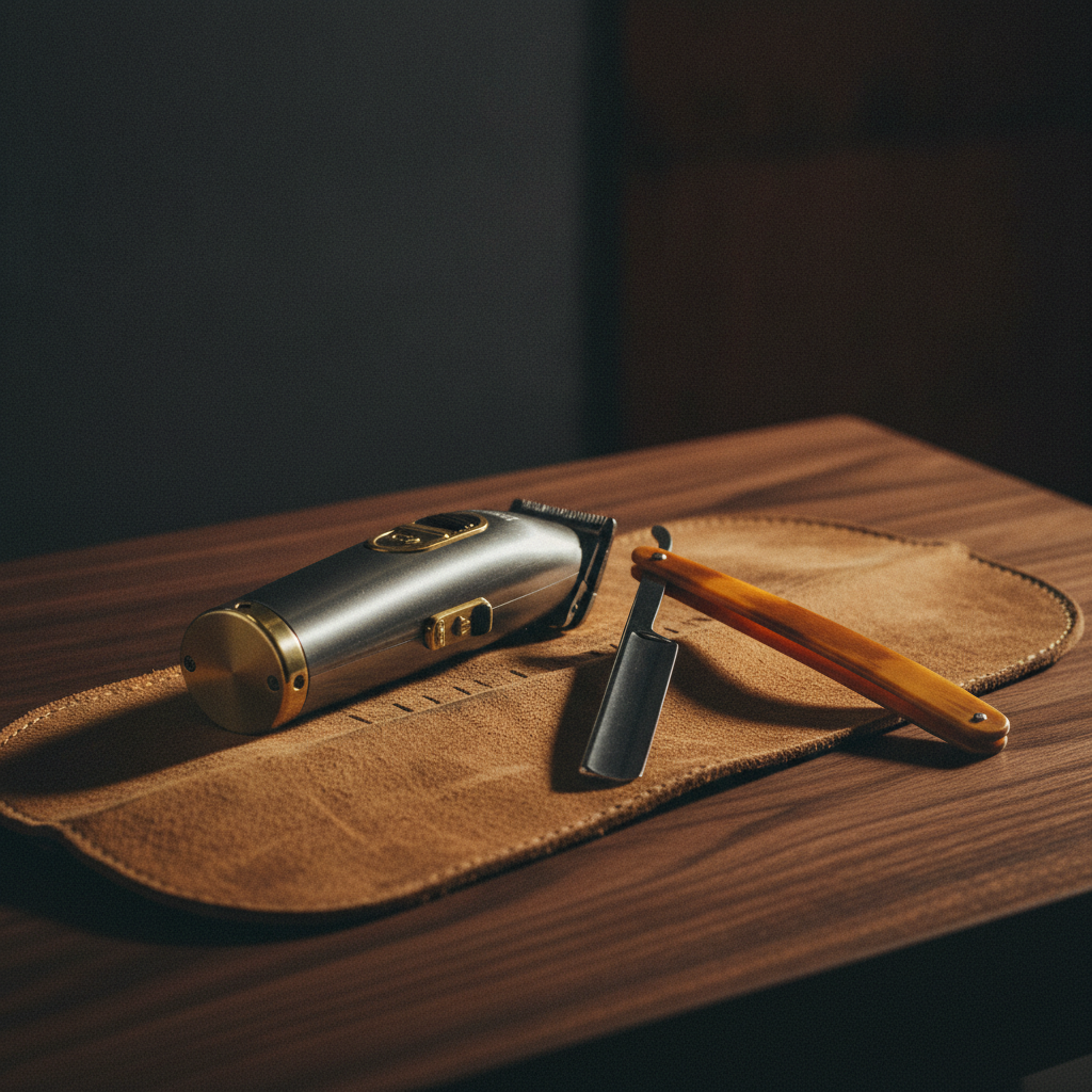 Barber clippers and straight razor on a leather strop